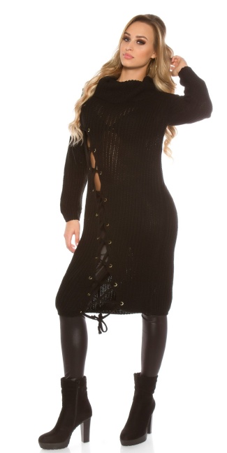 Trendy chunky knit dress with XL collar Black